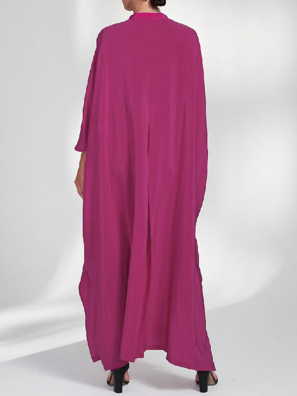 Momentlover V-Cut Solid Color Loose Batwing Sleeves Maxi Dresses