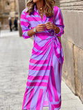 Momentlover Striped Printed Knot Asymmetric Loose Long Sleeves V-Neck Maxi Dresses