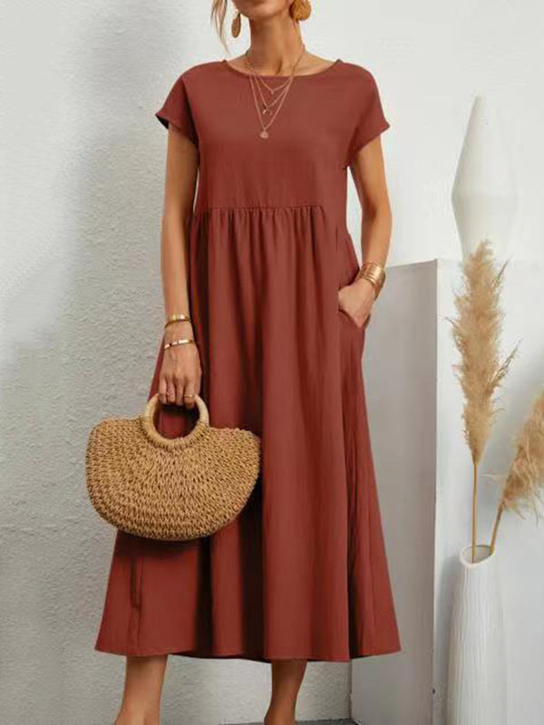 Momentlover Solid Color Pleated Short Sleeves Loose Round-Neck Midi Dresses