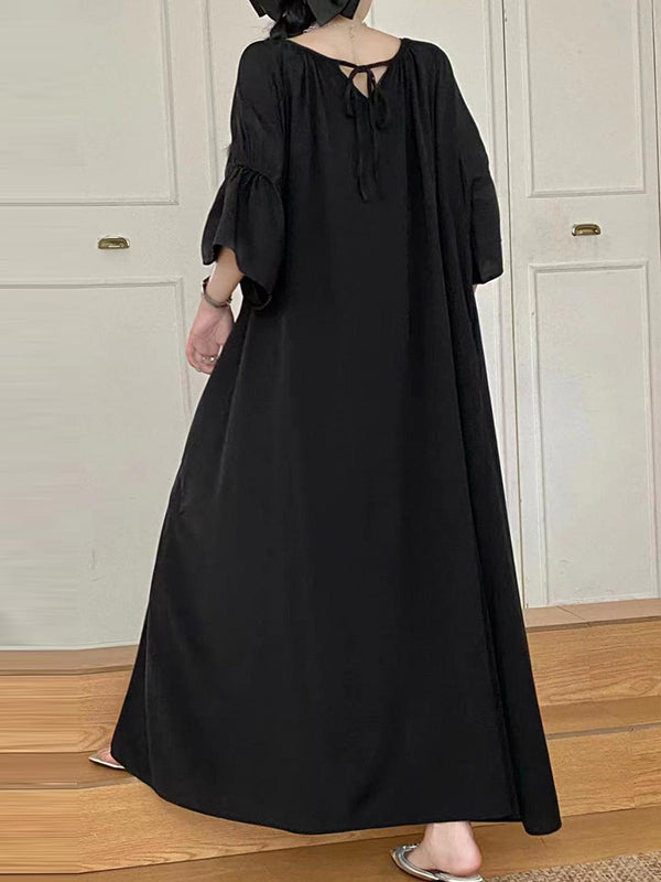 Momentlover Solid Color Loose Half Sleeves Round-Neck Midi Dresses
