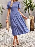 Momentlover Solid Color Elastics Short Sleeves Loose Round-neck Midi Dresses