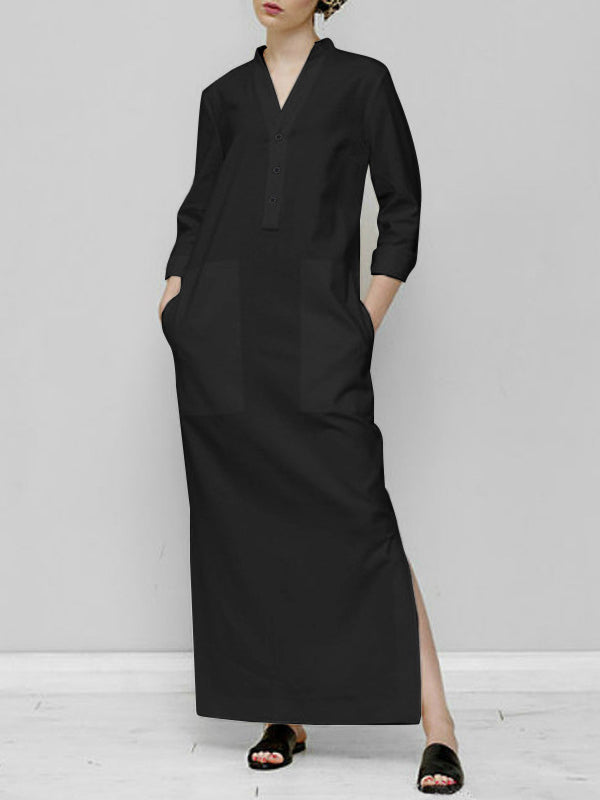 Momentlover Split-Joint Solid Color Plus Size Loose V-Neck Maxi Dresses