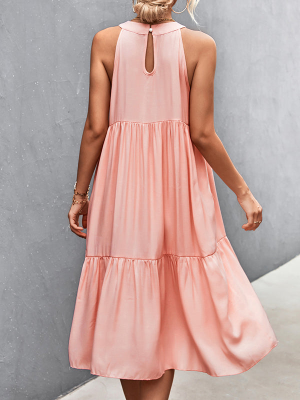 Momentlover Split-Joint Solid Color Pleated Hollow Sleeveless Loose Halter-Neck Midi Dresses