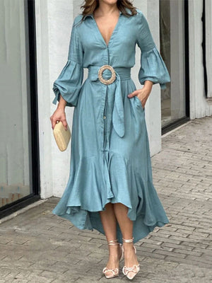 Momentlover Solid Color Pleated Puff Sleeves High-Low V-Neck Maxi Dresses