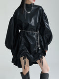 Momentlover Solid Color Pleated Drawstring Puff Sleeves Loose Stand Collar Mini Dresses