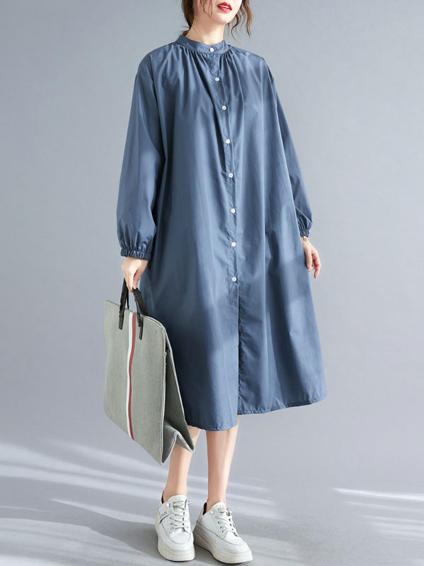 Momentlover Split-Side Elasticity Buttoned Loose Long Sleeves Mock Neck Shirt Dress Midi Dresses