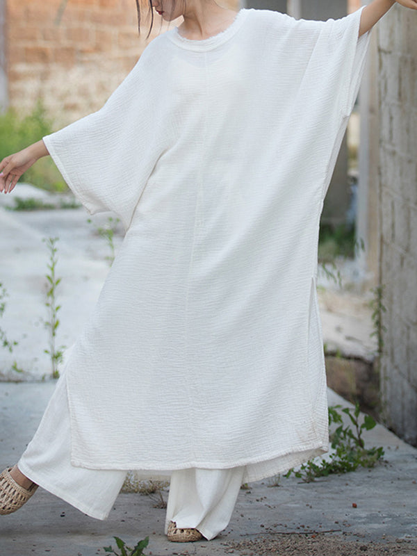 Momentlover Split-Side Solid Color Loose Long Sleeves Round-Neck Midi Dresses