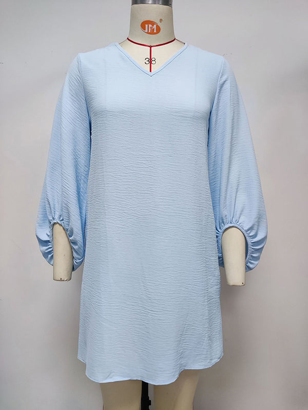 Momentlover Solid Color Ruffled Puff Sleeves Loose V-Neck Mini Dresses