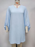 Momentlover Solid Color Ruffled Puff Sleeves Loose V-Neck Mini Dresses