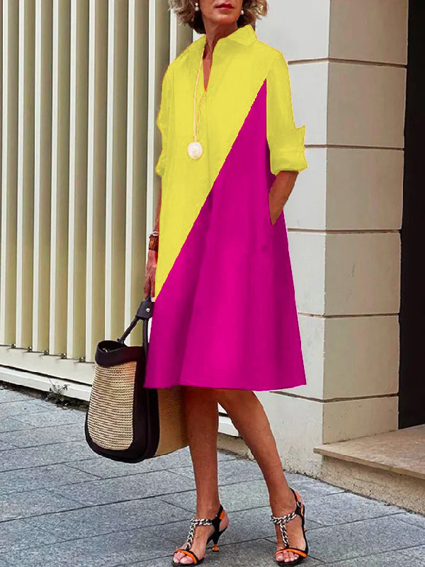 Momentlover Stylish Selection Long Sleeves Contrast Color Lapel Midi Dresses