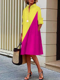 Momentlover Stylish Selection Long Sleeves Contrast Color Lapel Midi Dresses