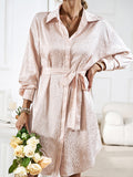 Momentlover Tied Waist Leopard Buttoned Loose Long Sleeves Lapel Shirt Dress Mini Dresses
