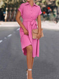 Momentlover Tied Waist Solid Color Buttoned Short Sleeves High Waisted Lapel Collar Shirt Dress Midi Dresses
