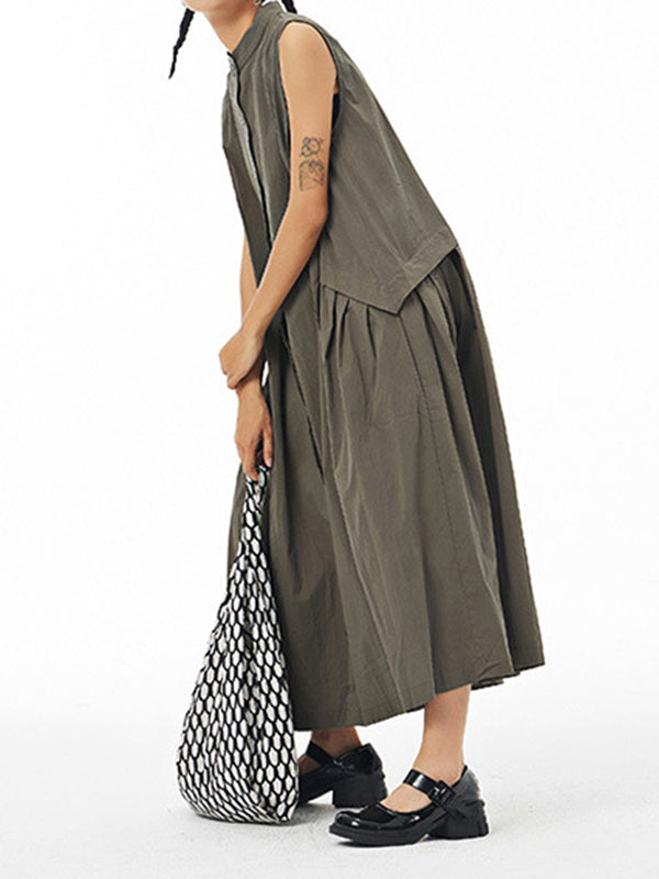 Momentlover Solid Color Pleated Sleeveless Loose Stand Collar Shirt Dress Midi Dresses