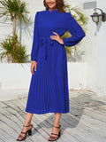 Momentlover Tied Waist Solid Color Pleated Hollow Long Sleeves High Waisted Mock Neck Midi Dresses