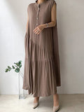 Momentlover Tiered Split-Joint Solid Color Ruffled Pleated Buttoned Sleeveless Loose Stand Collar Midi Dresses