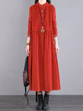 Momentlover Vintage Corduroy Long Sleeves A-Line Embroidered Solid Round-Neck Midi Dresses