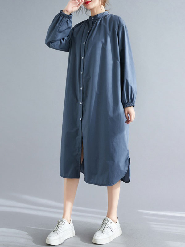 Momentlover Split-Side Elasticity Buttoned Loose Long Sleeves Mock Neck Shirt Dress Midi Dresses