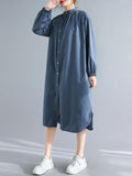 Momentlover Split-Side Elasticity Buttoned Loose Long Sleeves Mock Neck Shirt Dress Midi Dresses
