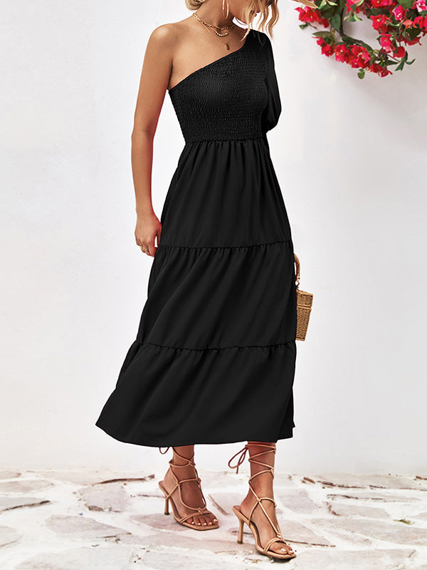 Momentlover Solid Color Puff Sleeves Loose One-Shoulder Midi Dresses