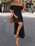 Momentlover Split-Joint Solid Color Pleated Elasticity Short Sleeves High Waisted Square-neck Midi Dresses
