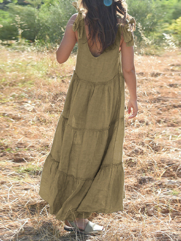 Momentlover Solid Color Sleeveless Loose V-Neck Midi Dresses