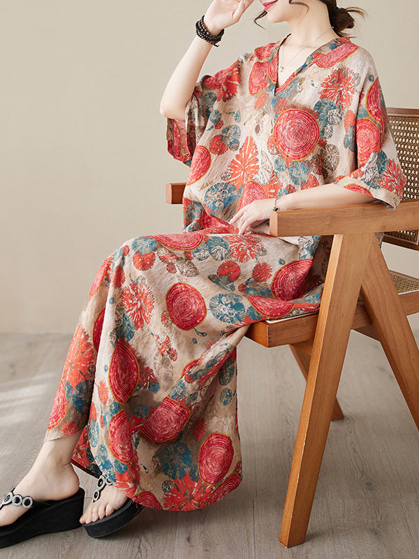 Momentlover Printed Short Sleeves Loose V-Neck Maxi Dresses