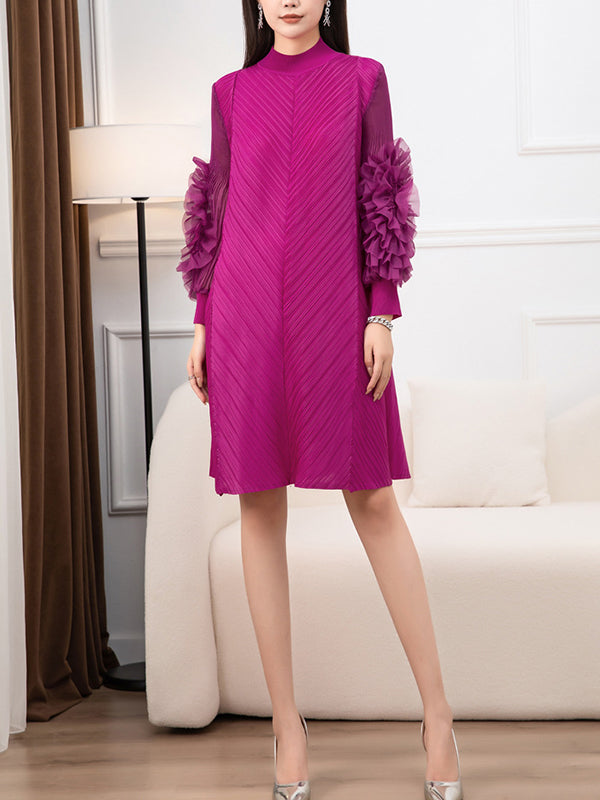 Momentlover Solid Color Pleated Embroidered Loose Long Sleeves Round-neck Midi Dresses