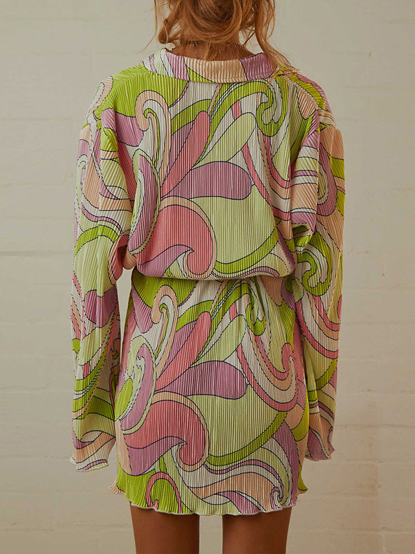 Momentlover Tied Waist Printed Pleated Buttoned Loose Long Sleeves Lapel Mini Dresses
