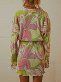 Momentlover Tied Waist Printed Pleated Buttoned Loose Long Sleeves Lapel Mini Dresses