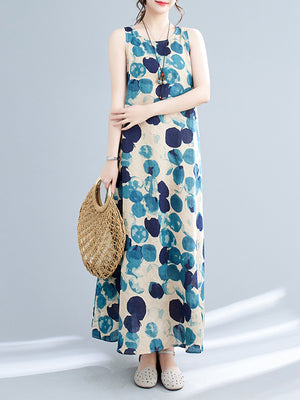 Momentlover Polka-Dot Sleeveless Loose Round-Neck Maxi Dresses