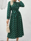 Momentlover Tied Waist Split-Joint Pleated Lace-Up Puff Sleeves Loose Stand Collar Midi Dresses