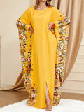 Momentlover Split-Front Printed Muslim Loose Batwing Sleeves Round-Neck Maxi Dresses