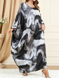 Momentlover Printed Contrast Color Loose Long Sleeves Round-Neck Maxi Dresses
