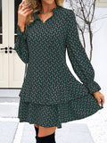 Momentlover Split-Joint Printed Lace-Up Loose Long Sleeves Stand Collar Mini Dresses