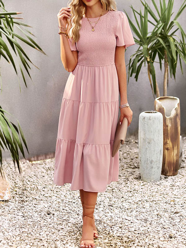 Momentlover Solid Color Elastics Short Sleeves Loose Round-neck Midi Dresses