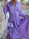 Momentlover Stylish Long Sleeves Striped Lapel Collar Maxi Dresses