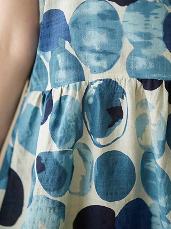 Momentlover Split-Joint Printed Pleated Sleeveless Loose Spaghetti-Neck Midi Dresses