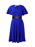 Momentlover Solid Color Belted Puff Sleeves Plus Size Round-neck Midi Dresses