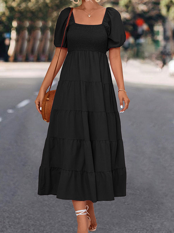 Momentlover Split-Joint Solid Color Pleated Elasticity Short Sleeves High Waisted Square-neck Midi Dresses