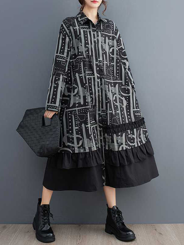 Momentlover Split-Joint Printed Buttoned Asymmetric Loose Long Sleeves Lapel Midi Dresses