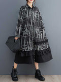 Momentlover Split-Joint Printed Buttoned Asymmetric Loose Long Sleeves Lapel Midi Dresses
