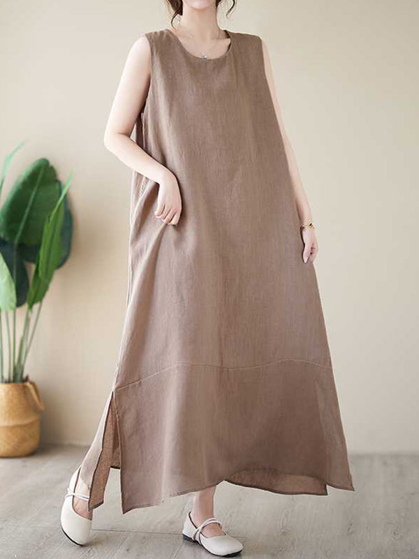 Momentlover Solid Color Sleeveless Loose Round-Neck Midi Dresses