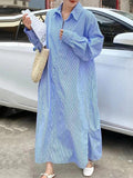 Momentlover Striped Loose Long Sleeves Lapel Shirt Dress Midi Dresses