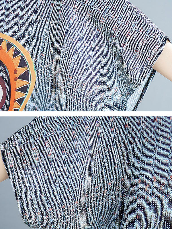 Momentlover Printed Loose Batwing Sleeves Lapel Midi Dresses