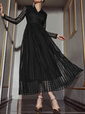 Momentlover Solid Color See-Through Gauze Buttoned Long Sleeves High Waisted V-Neck Maxi Dresses