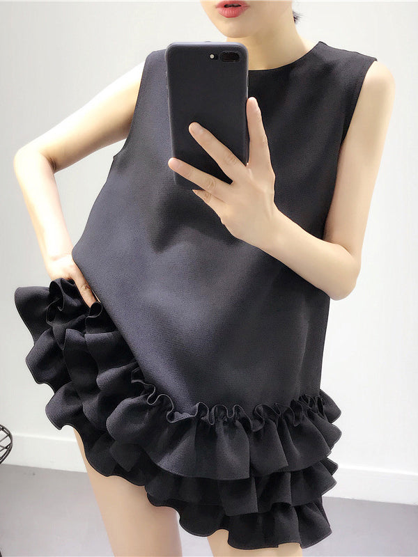 Momentlover Zipper Split-Joint Solid Color Falbala Sleeveless Loose Round-Neck Mini Dresses