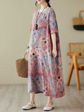 Momentlover Printed Polka-Dot Contrast Color Loose Half Sleeves Round-Neck Midi Dresses