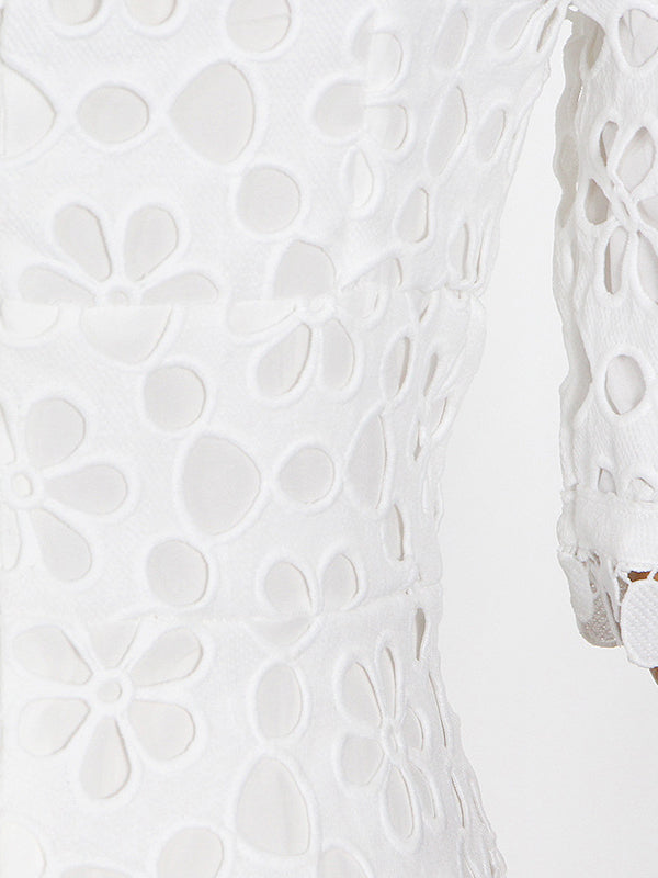 Momentlover Solid Color Hollow Half Sleeves Deep V-Neck Maxi Dresses