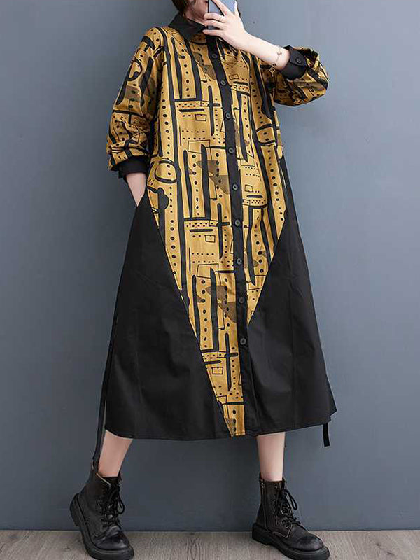 Momentlover Warp Knitting Printed Contrast Color Asymmetric Loose Long Sleeves Lapel Shirt Dress Midi Dresses